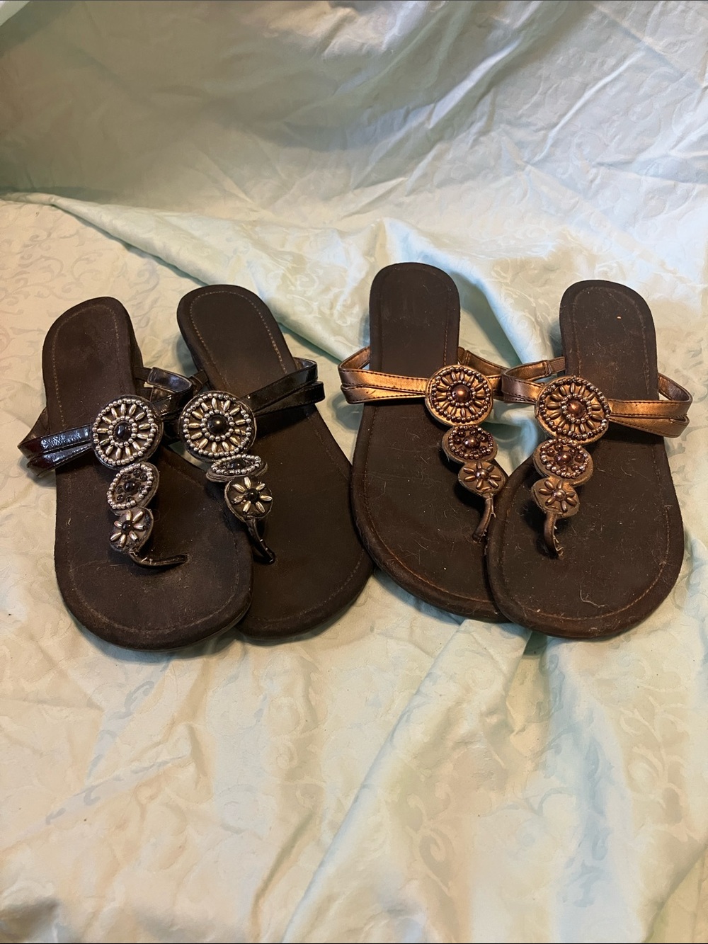 Women's Decorative T-Strap Sandals in Black and Bronze